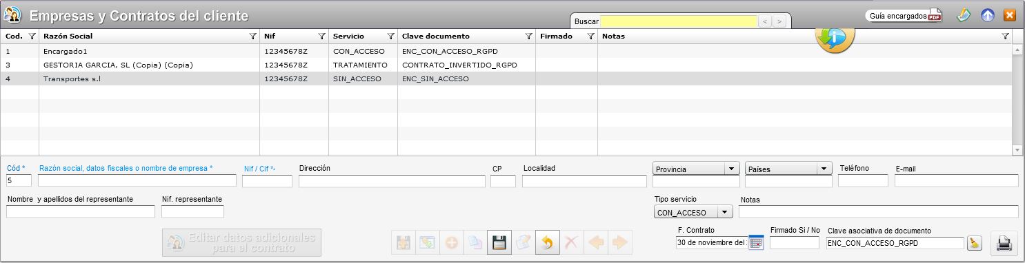 Gestió de responsables, encarregats amb o sense accés a dades i impressió dels contractes